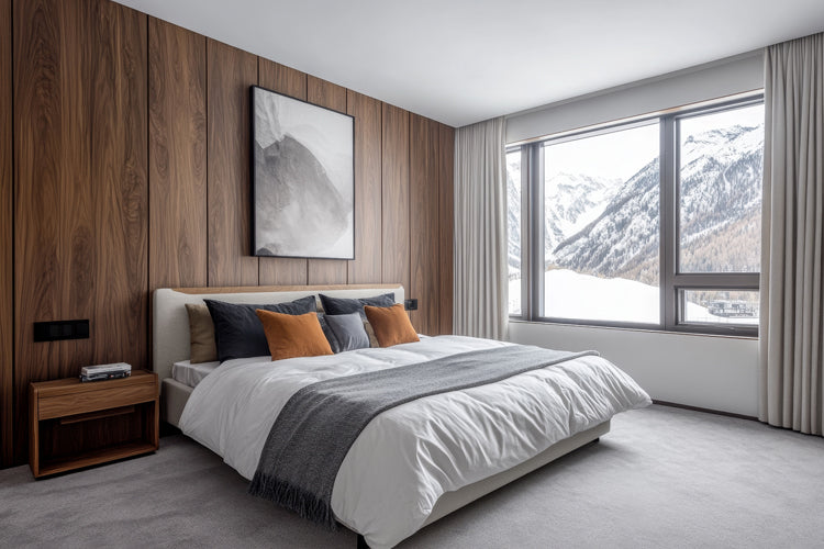 Modern bedroom with mountain view