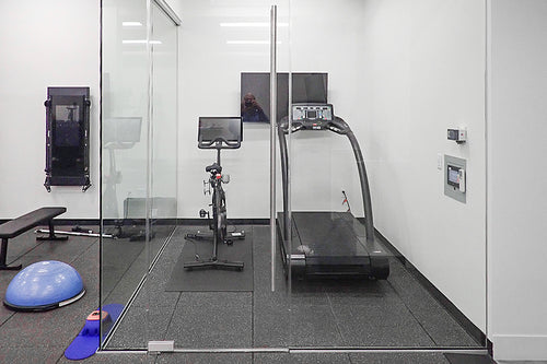 Glass altitude chamber with treadmill and elliptical inside