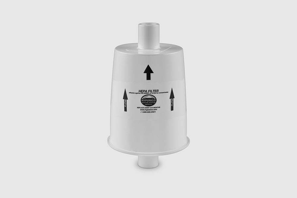 HEPA replacement filter cartridge for Hypoxico systems, cylindrical element shown against white background.
