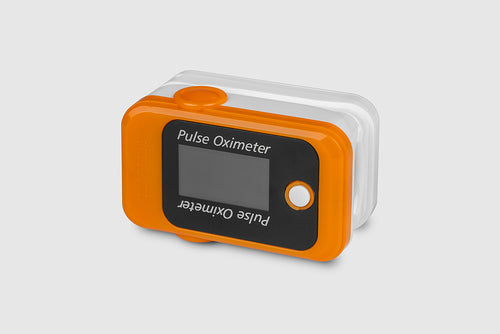 Finger pulse oximeter measuring blood oxygen saturation and pulse rate, clip-style device with display.